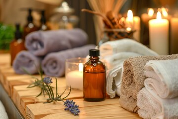 Calming spa setting with essential oil, lavender, candles, and towels creates a tranquil atmosphere for relaxation and wellness