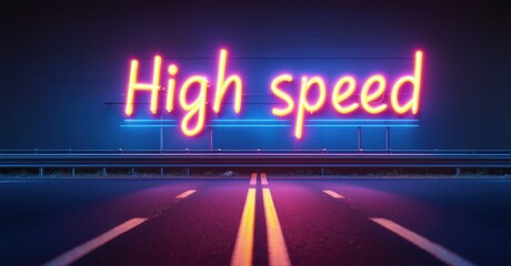 Obraz premium Neon sign high speed glows in vivid yellow and pink above a dark highway. The scene evokes velocity, motion, and adrenaline, enhanced by reflections on the road surface