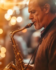 Musician playing saxophone in a live music club