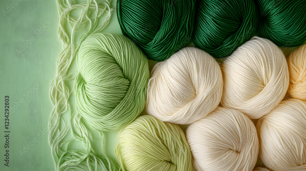 Poster artistic arrangements of green and cream yarn create an elegant pattern on a gradient background, ev