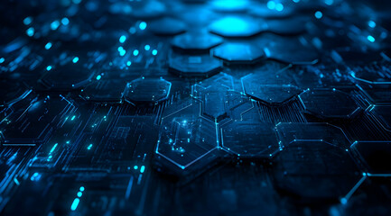Blue technological background with hexagons and glowing lights for digital, tech, or science themes