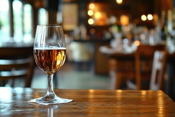 A glass of wine sits on a wooden table, ready for a relaxing evening