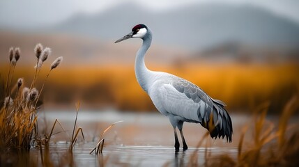 Obraz premium Elegant Crane in Golden Hour Marsh: A serene moment captured.