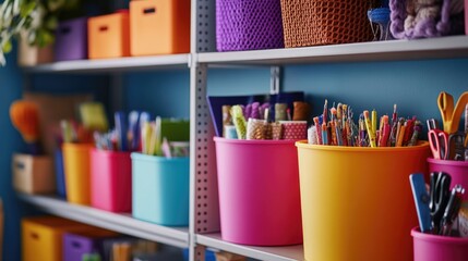 Shelf filled with colorful storage bins for organizing and categorizing various items