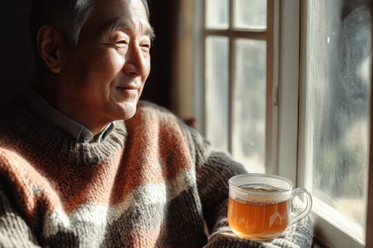 A person enjoying a drink by the window