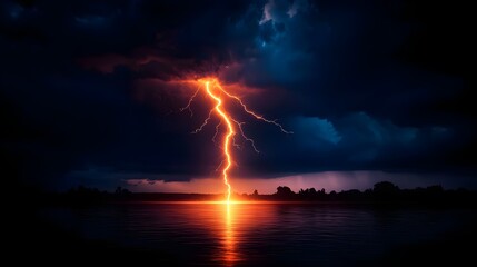 Fototapeta premium Fiery Orange Lightning Strikes Dark Night Sky Over Calm