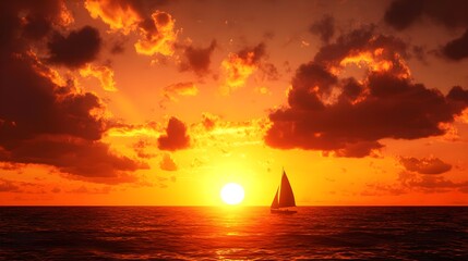 Fototapeta premium Fiery Orange Sunset over Calm Ocean with Silhouetted