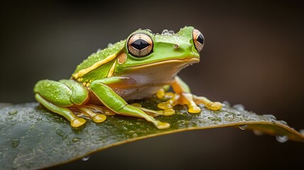 Obraz premium Vibrant Green Tree Frog on Dew-Kissed Leaf