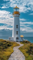 Design a landscape where a lighthouse symbolizes clear vision and guidance
