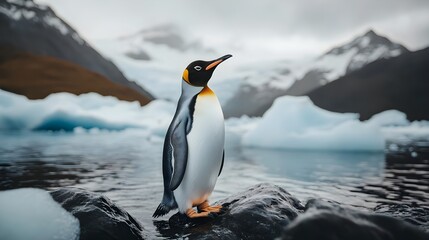 Fototapeta premium Majestic King Penguin surveys its icy realm, a breathtaking Antarctic scene.