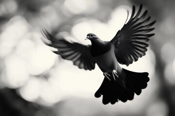 Naklejka premium A black and white photo of a bird soaring through the air