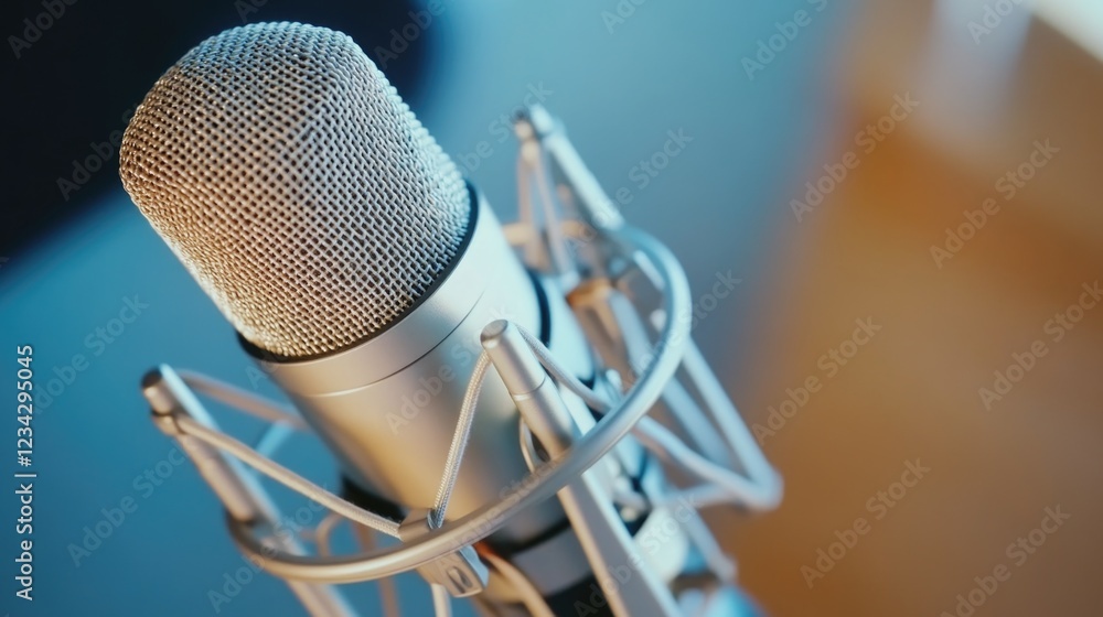 Poster a close-up shot of a microphone in a recording studio setup