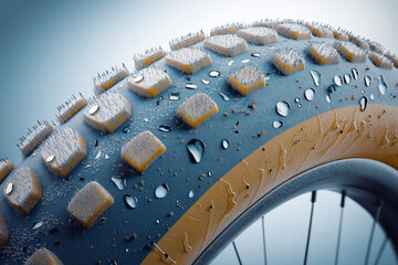 Obraz premium Close-up of a Wet Bicycle Tire with Aggressive Tread