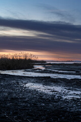 sunset in the area of the river mouth of the Bregenzer Ache into the Bodensee with reflections of...