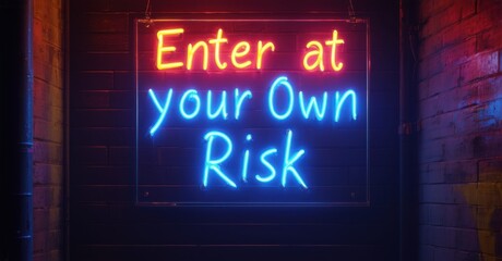 Obraz premium Neon sign reading Enter at Your Own Risk glows in red and blue against dark alley. Dramatic lighting and reflections enhance suspenseful atmosphere, evoking mystery and caution