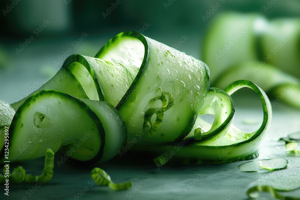 Poster freshly sliced cucumbers arranged on a table for display or use in recipes