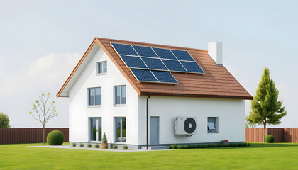 sustainable modern house building with solar panels and heat pump illustration , with white tonespng