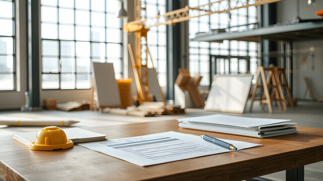Indoor photo of contract. work. construction site. table. documents. Generative AI