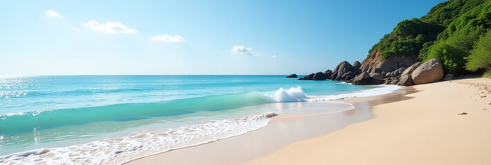 serene sea sandy beach scene sets peaceful atmosphere relaxation tranquility