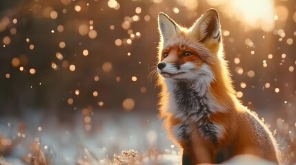 Majestic red fox in winter wonderland, bathed in golden sunlight. Breathtaking!