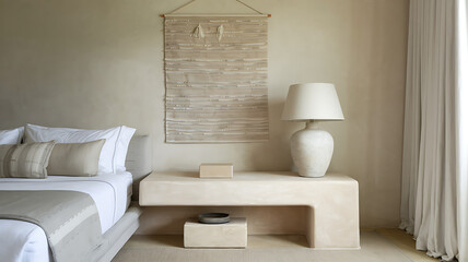 A bedroom with neutral tones and a single decorative item