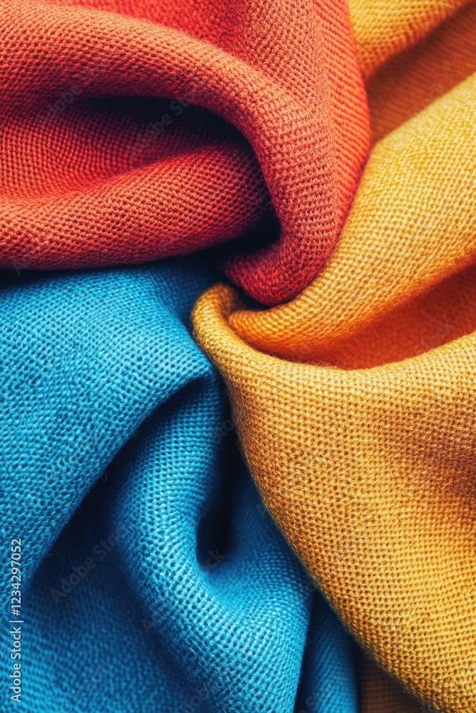 Poster a close-up view of a vibrant, multicolored fabric with intricate patterns and textures