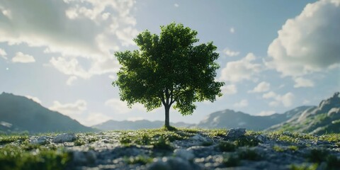 Obraz premium Serene Nature Scene: A Tree in a Field with Majestic Mountains