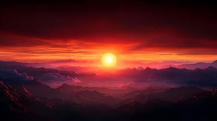 Fototapeta premium Fiery Red Sunset Over Mountains