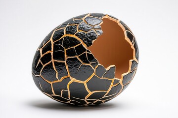 A cracked black egg shell revealing a smooth interior, symbolizing new beginnings and transformation.