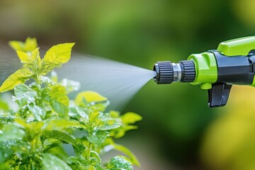 A gentle spray of water from a green and black garden hose nozzle nourishes a vibrant green plant.