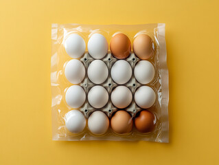 Fresh eggs in a plastic carton on a yellow background