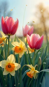 Vibrant pink tulips and yellow daffodils in full bloom with lush green leaves in a sunny outdoor scene