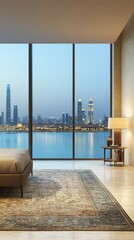 Modern bedroom with stunning skyline view at dusk in a vibrant urban setting