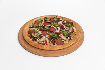 Pizza with salami, mushrooms and cheese on a white background