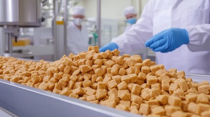 A conveyor belt full of brown sugar cubes in a food processing plant.