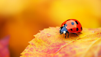 Bright red ladybug on vibrant autumn leaf ideal for seasonal nature themes, insect studies, and environmental education materials