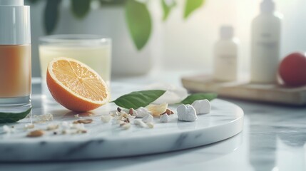 A refreshing glass of orange juice served with a cut orange, perfect for a morning pick-me-up or a snack