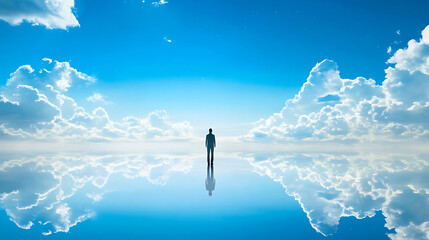 Solitary Figure in a Serene, Cloud-Reflected Landscape