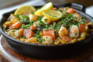 Fresh seafood and colorful vegetables cooked together in a skillet