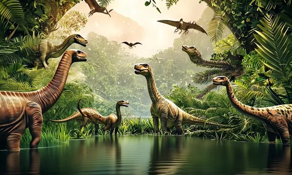 Dinosaurs gather at jungle watering hole; pterosaurs fly overhead; lush background; prehistoric scene; educational