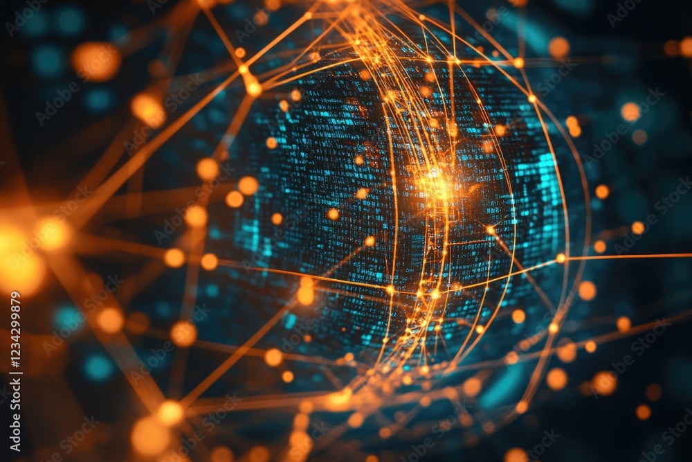 Poster a digital representation of a sphere with glowing dots and lines, suitable for use in technology, sc