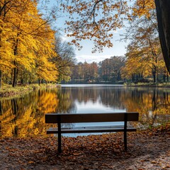 Obraz premium A scenic autumn park with vibrant trees and a calm lake, creating a peaceful and picturesque atmosphere.