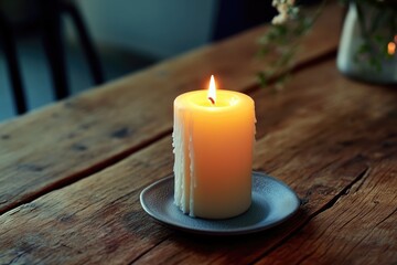 A lit candle on a wooden plate, suitable for use in various settings