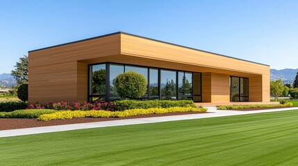 Fototapeta premium Modern Light Brown Wood Building With Large Windows And Lush Green Landscaping