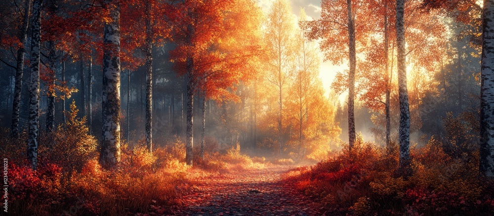 Poster sunlit autumn path through a vibrant forest with fog and red leaves.