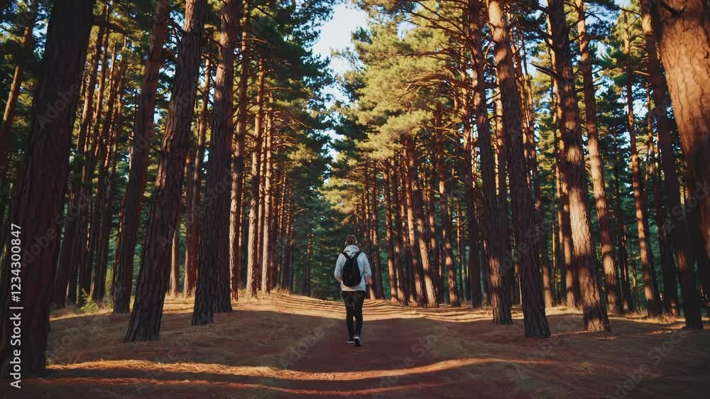 Poster a winding forest path bathed in amber light, with a lone individual walking and listening to music, 