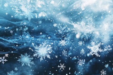 Intricate snowflakes falling on a blue winter background