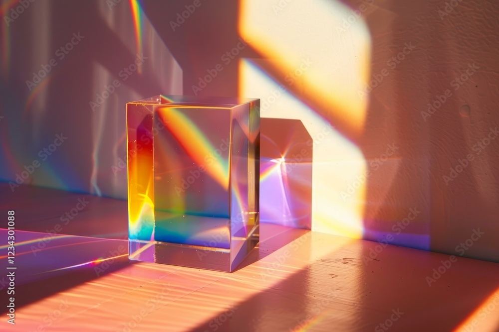 Poster sunlight is refracted through a transparent rectangular prism, creating rainbow colors and a light p