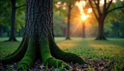 Obraz premium Moss-covered tree trunk and branches at twilight, evening, natural, shadows