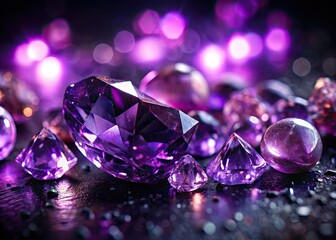 Deep purple amethyst gemstones gleam dramatically against a dark backdrop, showcasing their precious luxury.